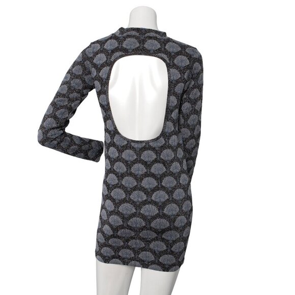Zara Bodycon Stretch Mini Dress Metallic Fan Shell Print Open Back Black Silver - Picture 5 of 11